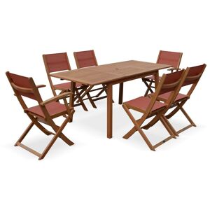 Sweeek - Salon de jardin en bois Almeria. table 120-180cm rectangulaire. 2 fauteuils et 4 chaises eucalyptus fsc et textilène Bois / Terracotta - Bois - Publicité