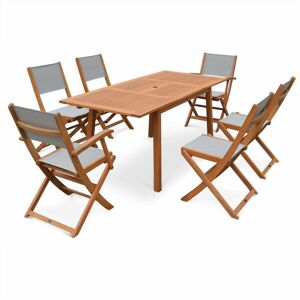 Sweeek - Salon de jardin en bois Almeria. table 120-180cm rectangulaire. 2 fauteuils et 4 chaises eucalyptus fsc et textilène Bois / Gris taupe - Bois - Publicité