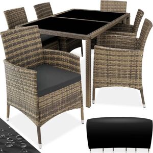 TECTAKE Salon de jardin 6 places avec housse de protection - mobilier de jardin, meuble de jardin, ensemble table et chaises de jardin - marron naturel/gris foncé - Publicité