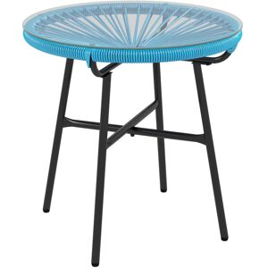 Outsunny Table basse ronde de jardin en résine aspect rotin métal et plateau verre trempé ø 50 x 50H cm bleu - Bleu - Publicité