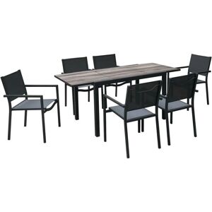 SWEEEK Table de jardin aluminium 120/180cm avec 6 chaises empilables aluminium et textilène - Bois - Publicité