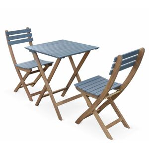 SWEEEK Table de jardin bistrot en bois 60x60cm - Barcelona Bois / Bleu - pliante bicolore carrée en acacia avec 2 chaises pliables - Bleu - Publicité