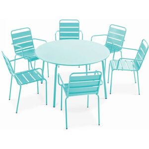 OVIALA Ensemble table de jardin ronde et 6 fauteuils acier turquoise - Palavas - Bleu Turquoise - Publicité