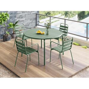 Salle a manger de jardin en metal une table D110cm et 4 fauteuils empilables Vert amande MIRMANDE de MYLIA