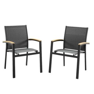 Lot de 2 fauteuils de jardin empilables en aluminium et textilene Anthracite et accoudoirs acacia TAIPIVAI de MYLIA