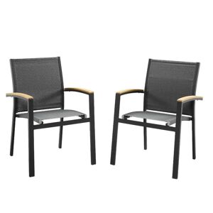 MYLIA Lot de 2 fauteuils de jardin empilables en aluminium et textilène - Anthracite et accoudoirs acacia - TAIPIVAI de MYLIA