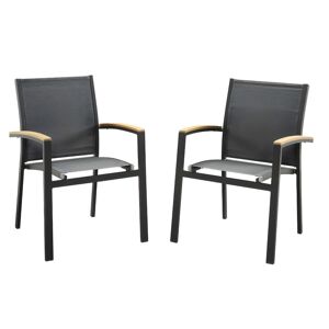 MYLIA Lot de 2 fauteuils de jardin empilables en aluminium et textilène - Anthracite et accoudoirs acacia - TAIPIVAI de MYLIA