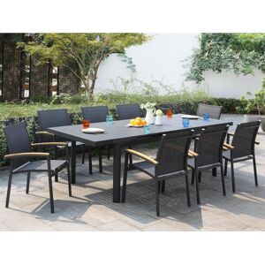 MYLIA Salle à manger de jardin en aluminium : une table extensible 180/240cm et 8 fauteuils empilables avec accoudoirs acacia - Anthracite - NAURU de MYLIA