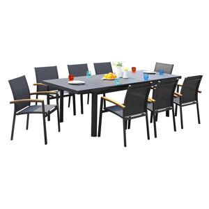 MYLIA Salle à manger de jardin en aluminium : une table extensible 180/240cm et 8 fauteuils empilables avec accoudoirs acacia - Anthracite - NAURU de MYLIA