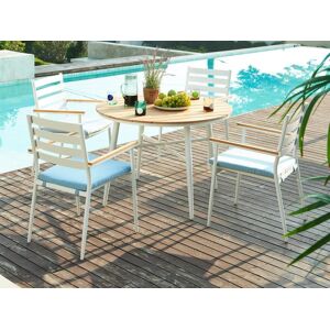 Salle à manger de jardin en bois et aluminium : une table D.110 cm et 4 fauteuils - Blanc et naturel clair - MIAMI de MYLIA - Publicité