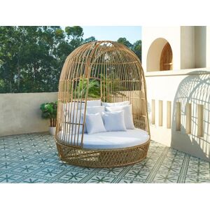 Lit de jardin a baldaquin en resine tressee - Naturel clair avec coussin blanc - CERVARO de MYLIA