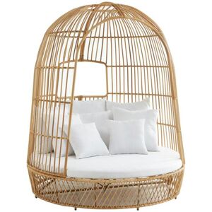 Vente-unique.com Lit de jardin a baldaquin en resine tressee - Naturel clair avec coussin blanc - CERVARO de MYLIA