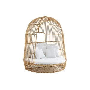 MYLIA Lit de jardin à baldaquin en résine tressée - Naturel clair avec coussin blanc - CERVARO de MYLIA