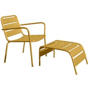 MYLIA Fauteuil bas de jardin empilable + repose pied en métal - Jaune moutarde - MIRMANDE de MYLIA