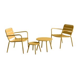 MYLIA Salon de jardin en métal - 2 fauteuils bas empilables et tables gigognes - Jaune moutarde - MIRMANDE de MYLIA
