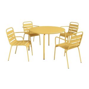 Salle a manger de jardin en metal une table D110cm et 4 fauteuils empilables Jaune moutarde MIRMANDE de MYLIA