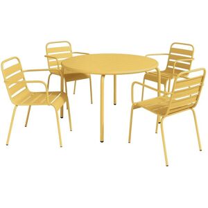 MYLIA Salle à manger de jardin en métal - une table D.110cm et 4 fauteuils empilables - Jaune moutarde - MIRMANDE de MYLIA