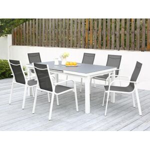 MYLIA Salle à manger de jardin en aluminium grise et blanche : 6 fauteuils et une table extensible - LINOSA de MYLIA