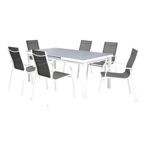 MYLIA Salle à manger de jardin en aluminium grise et blanche : 6 fauteuils et une table extensible - LINOSA de MYLIA