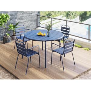 Vente-unique.com Salle a manger de jardin en metal - une table D.110cm et 4 fauteuils empilables - Bleu nuit - MIRMANDE de MYLIA