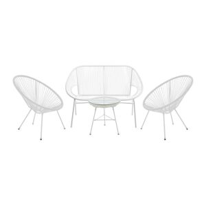 MYLIA Salon de jardin en fils de résine tressés : 2 fauteuils, un banc et une table - Blanc - ALIOS III de MYLIA