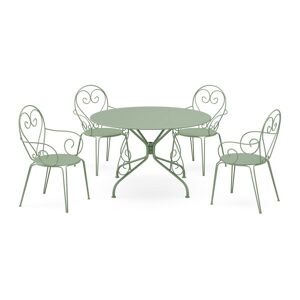 MYLIA Salle à manger de jardin en métal façon fer forgé : une table D.120cm et 4 fauteuils empilables - Vert amande - GUERMANTES de MYLIA