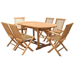 Salle a manger de jardin en teck : une table extensible L.120 / 170 cm, 2 fauteuils et 4 chaises pliantes - Naturel clair - BYBLOS II de MYLIA