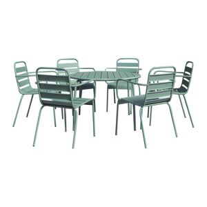 MYLIA Salle à manger de jardin en métal - une table ronde D.130cm et 6 fauteuils empilables - Vert amande - MIRMANDE de MYLIA