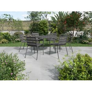 Vente-unique.com Salle a manger de jardin en metal - une table ronde D.130cm et 6 fauteuils empilables - Gris fonce - MIRMANDE de MYLIA