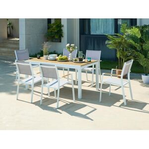 Vente-unique.com Salle a manger de jardin en aluminium et polywood : une table extensible L.170 / 230 cm et 6 fauteuils empilables - Naturel clair et gris - MACILA de MYLIA