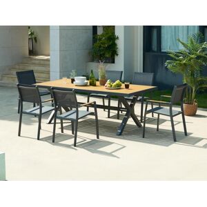 Salle a manger de jardin en aluminium une table L220 cm et 6 fauteuils empilables Anthracite et naturel clair INOSSE de MYLIA