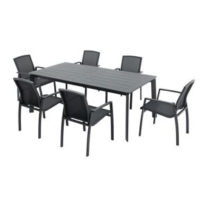 Vente-unique.com Salle a manger de jardin en aluminium et textilene : une table extensible L.200 / 300 cm et 6 fauteuils empilables - Anthracite - MILLAU de MYLIA