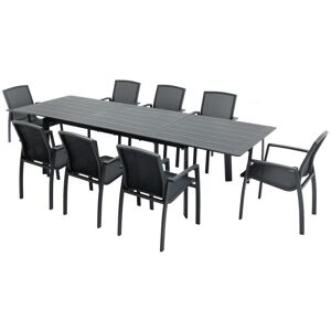 Vente-unique.com Salle a manger de jardin en aluminium et textilene : une table extensible L.200 / 300 cm et 8 fauteuils empilables - Anthracite - MILLAU de MYLIA