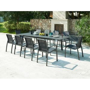 Vente uniquecom Salle a manger de jardin en aluminium et textilene une table extensible L200 300 cm et 10 fauteuils empilables Anthracite MILLAU de MYLIA