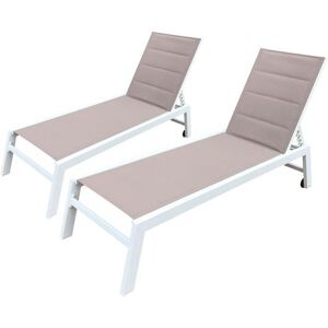 Lot de 2 bains de soleil BARBADOS en textilène taupe - aluminium blanc - HAPPY GARDEN - Publicité