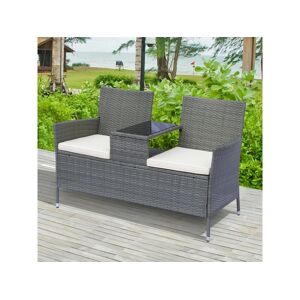 Outsunny Banc de jardin design contemporain 133L x 63l x 84H cm banc double chaise avec coussins assise + tablette intégrée résine tressée grise polyester crème