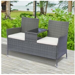 Outsunny Banc de jardin design contemporain 133L x 63l x 84H cm banc double chaise avec coussins assise + tablette intégrée résine tressée grise polyester crème