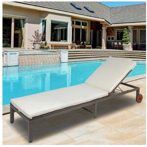 Outsunny Bain de soleil transat grand confort - dossier inclinable 4 positions roulettes - matelas déhoussable inclus - métal époxy résine tressée marron