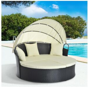 Outsunny Lit canapé de jardin modulable grand confort pare-soleil pliable intégré 4 coussins 3 oreillers 171L x 180l x 155H cm métal résine tressée polyester noir beige