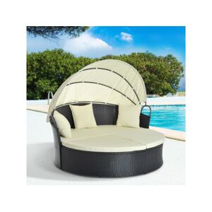 Outsunny Lit canapé de jardin modulable grand confort pare-soleil pliable intégré 4 coussins 3 oreillers 171L x 180l x 155H cm métal résine tressée polyester noir beige