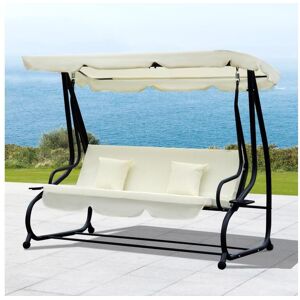 Outsunny Balancelle de jardin 3 places convertible toit inclinaison réglable 2 tablettes support 2L x 1,2l x 1,64H m métal époxy noir polyester crème