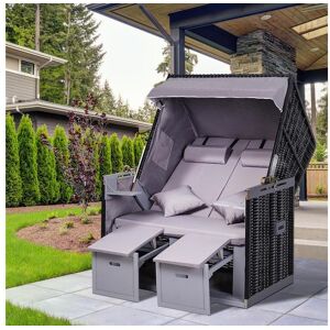 Outsunny Corbeille de plage 2 places pliable - Cabine de plage inclinable - abri plage strandkorb - coussins, repose-pieds, tablettes, pare-soleil - bois résine tressée polyester gris