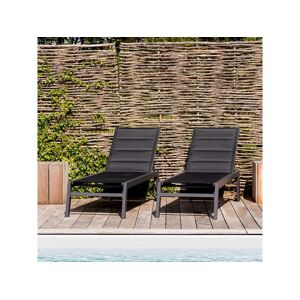 Happy Garden Lot de 2 bains de soleil BARBADOS en textilène noir - aluminium gris anthracite - HAPPY GARDEN