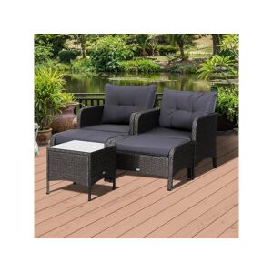 Outsunny Lot de 2 fauteuils de jardin grand confort repose-pied table basse résine tressée imitation rotin coussins gris