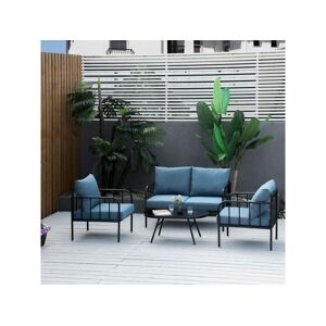 Outsunny Ensemble salon de jardin 4 places 4 pièces style néo-rétro - coussins déperlants déhoussables - métal époxy noir polyester bleu