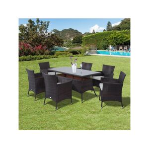 Outsunny Ensemble salon de jardin 6 personnes - grande table rectangulaire, 6 fauteuils - 6 coussins d'assise déhoussables inclus - métal époxy verre trempé 5 mm résine tressée chocolat