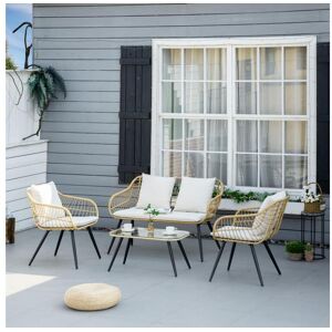 Outsunny Salon de jardin 4 pers. 4 pièces style exotique métal époxy noir résine imitation bambou coussins grand confort inclus polyester beige