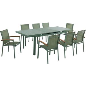 MYLIA Salle à manger de jardin en aluminium : une table extensible 180/240cm et 8 fauteuils empilables avec accoudoirs acacia - Vert amande - NAURU de MYLIA