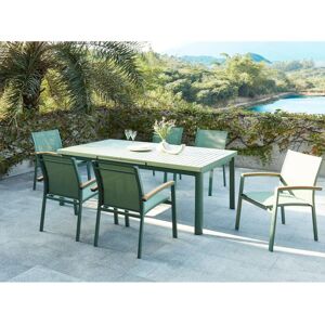 Salle a manger de jardin en aluminium une table extensible 180240cm et 6 fauteuils empilables avec accoudoirs acacia Vert amande NAURU de MYLIA