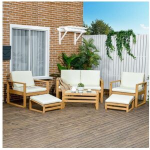 Outsunny Salon de Jardin en bois 4 personnes 6 pièces 10 coussins inclus sapin coloris bois de teck polyester crème